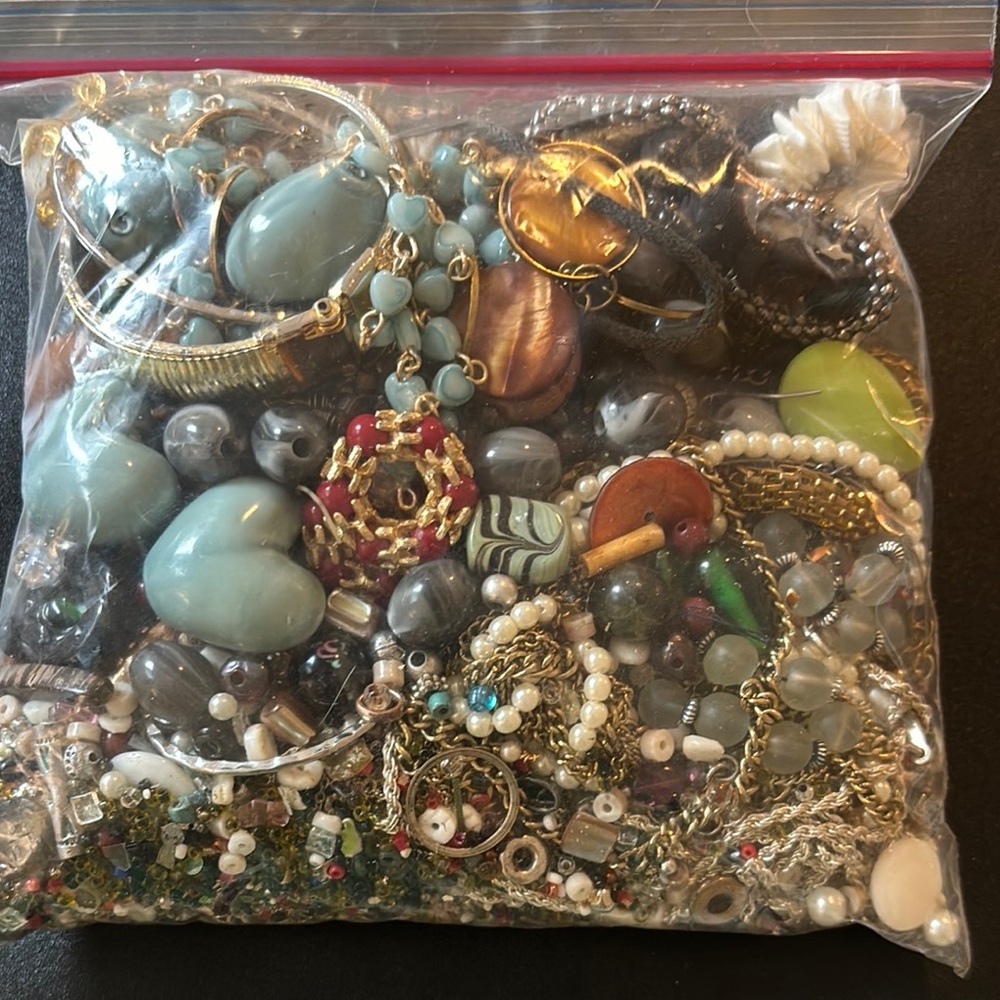 Junk, broken loose jewellery, crafting bag
